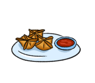 Three crab rangoons and a blue bowl of sweet chili sauce on a white plate